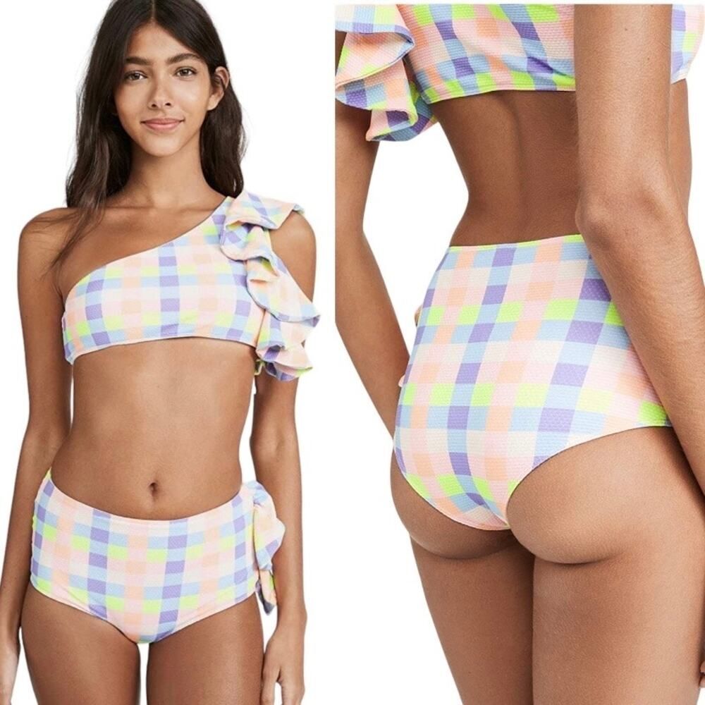 PAPER LONDON Swim Two Piece Small Neon Check One Shoulder Ruffle